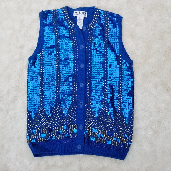 Vintage sequin sweater vest blue gold button M